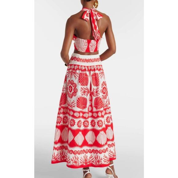 New! Farm Rio Ainika Red and White Shell Print Linen Maxi Skirt Sz M #14 - Picture 4 of 6